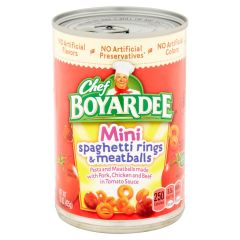 Chef Boyardee Soup Mini Spagetti Rings and Meatballs made with Chicken, Beef and Pork
